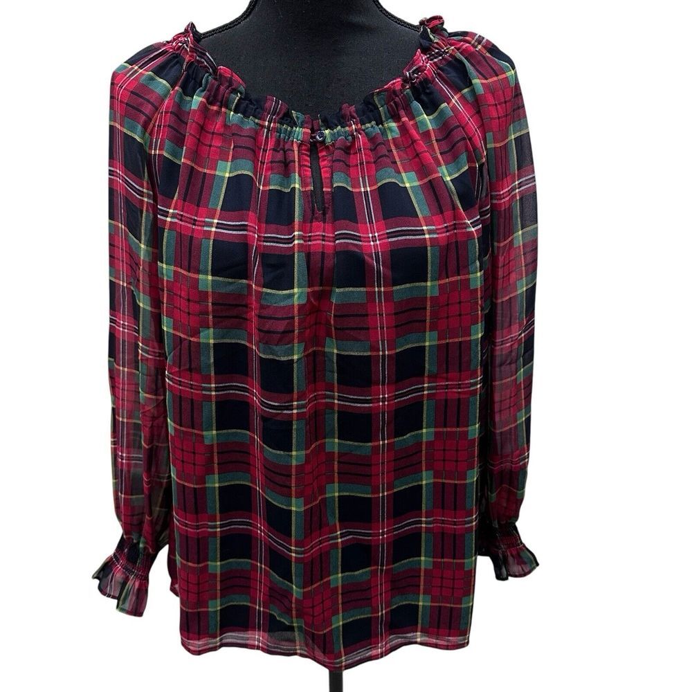 Talbots Size Small Feminine Smock Top Chiffon Red Plaid Holiday‎ Festive